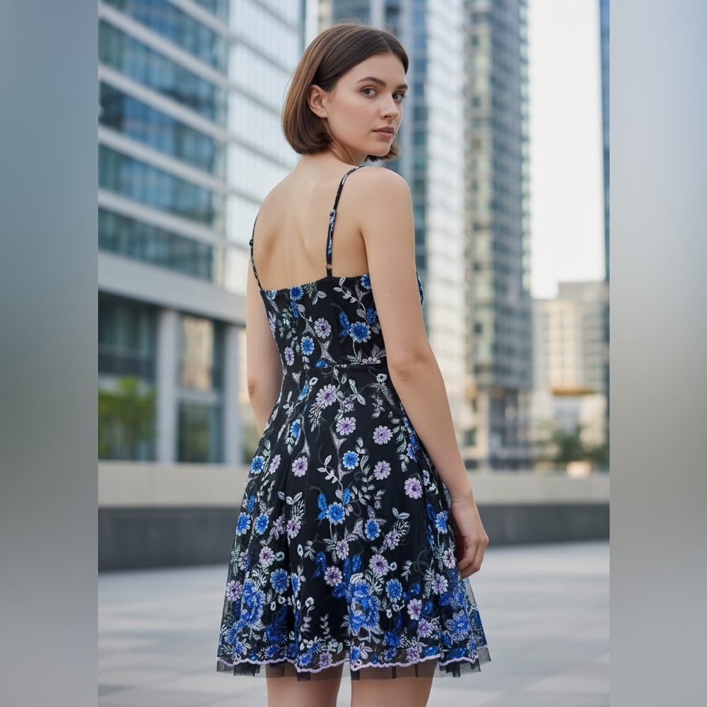Dress the Population Floral Mini Dress in Black and Blue - Picture 2 of 10